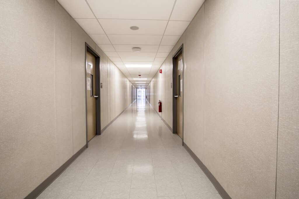 Interior hallway picture inside modular classroom units.