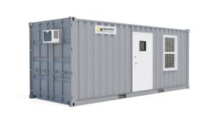 Triumph Modular Building portable office container featuring a sleek gray exterior, air conditioning unit, and a secure entrance door, designed for flexible workspaces.