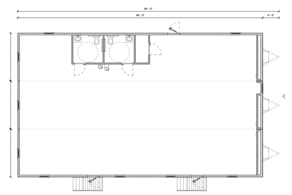 Floor plan of a modular building featuring two restrooms, showcasing the design of a temporary modular building for efficient space utilization.