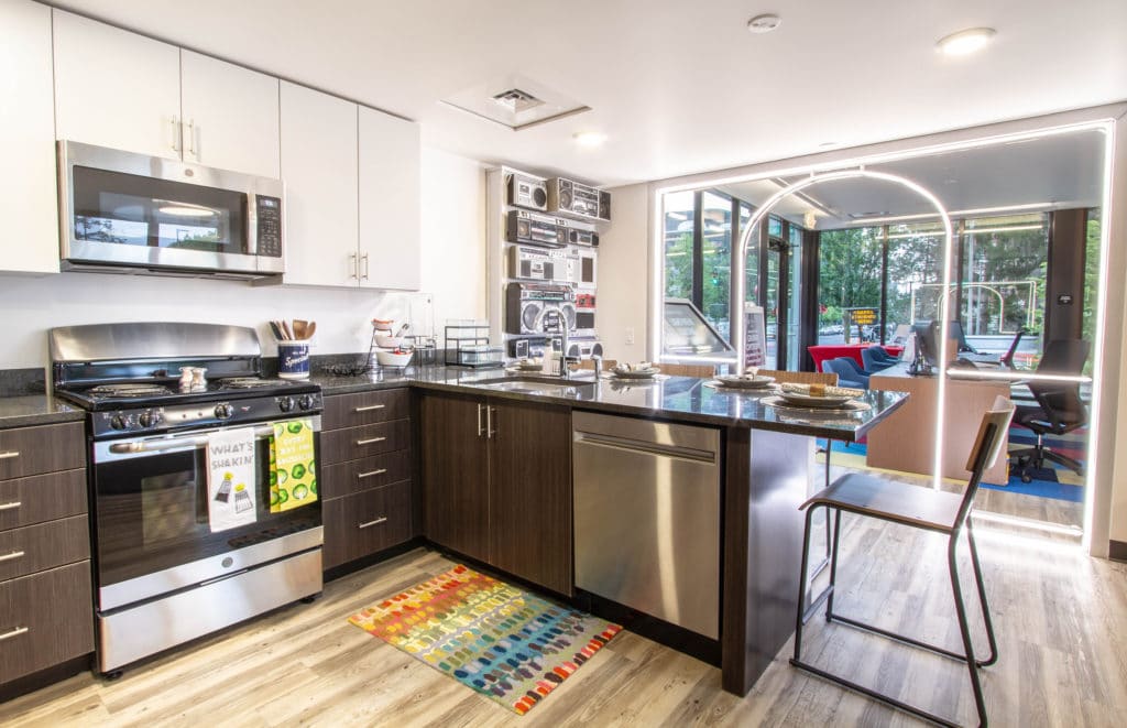 The interior of the Northeastern University welcome center.