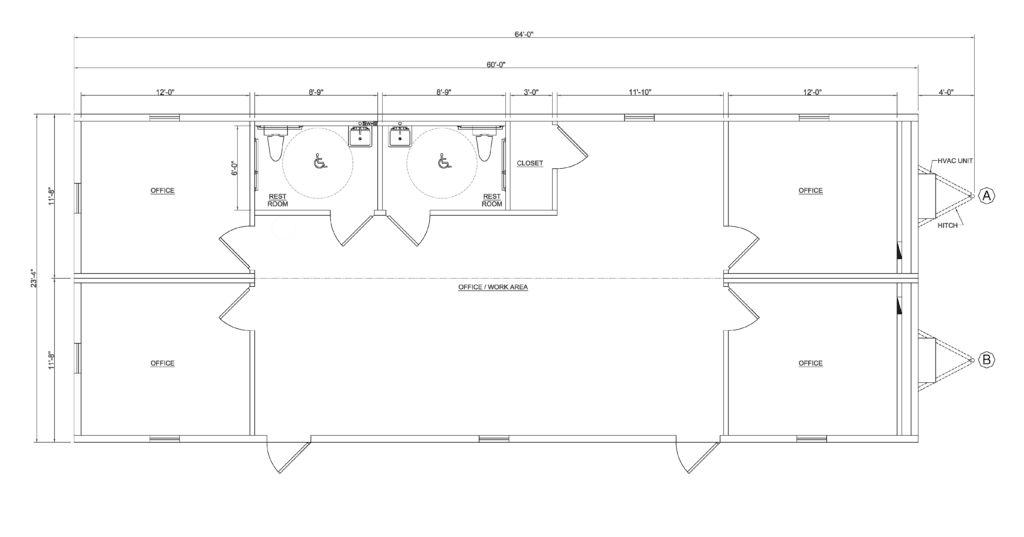 Floor plan of a modular building featuring office spaces and restrooms, showcasing the layout for a permanent modular building designed for efficient use.