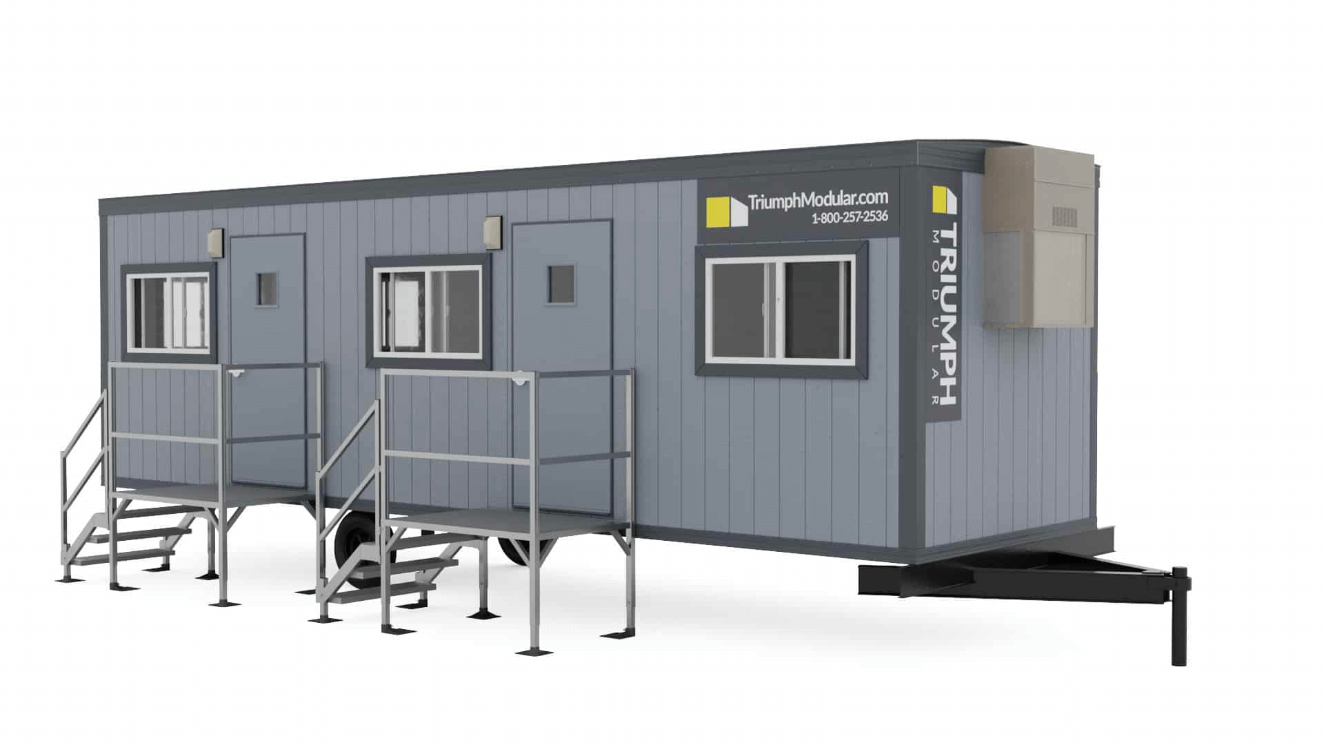 Triumph Modular Building portable office unit featuring a modern design, multiple windows, and accessible steps, ideal for temporary workspace solutions.
