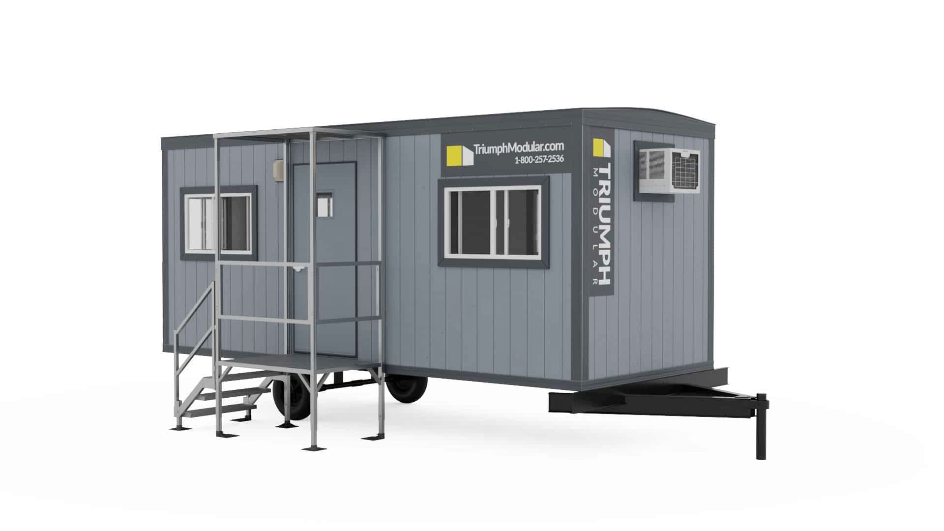Triumph Modular Building portable office with a gray exterior, multiple windows, and an exterior staircase for easy access. Ideal for construction sites and temporary workspaces.