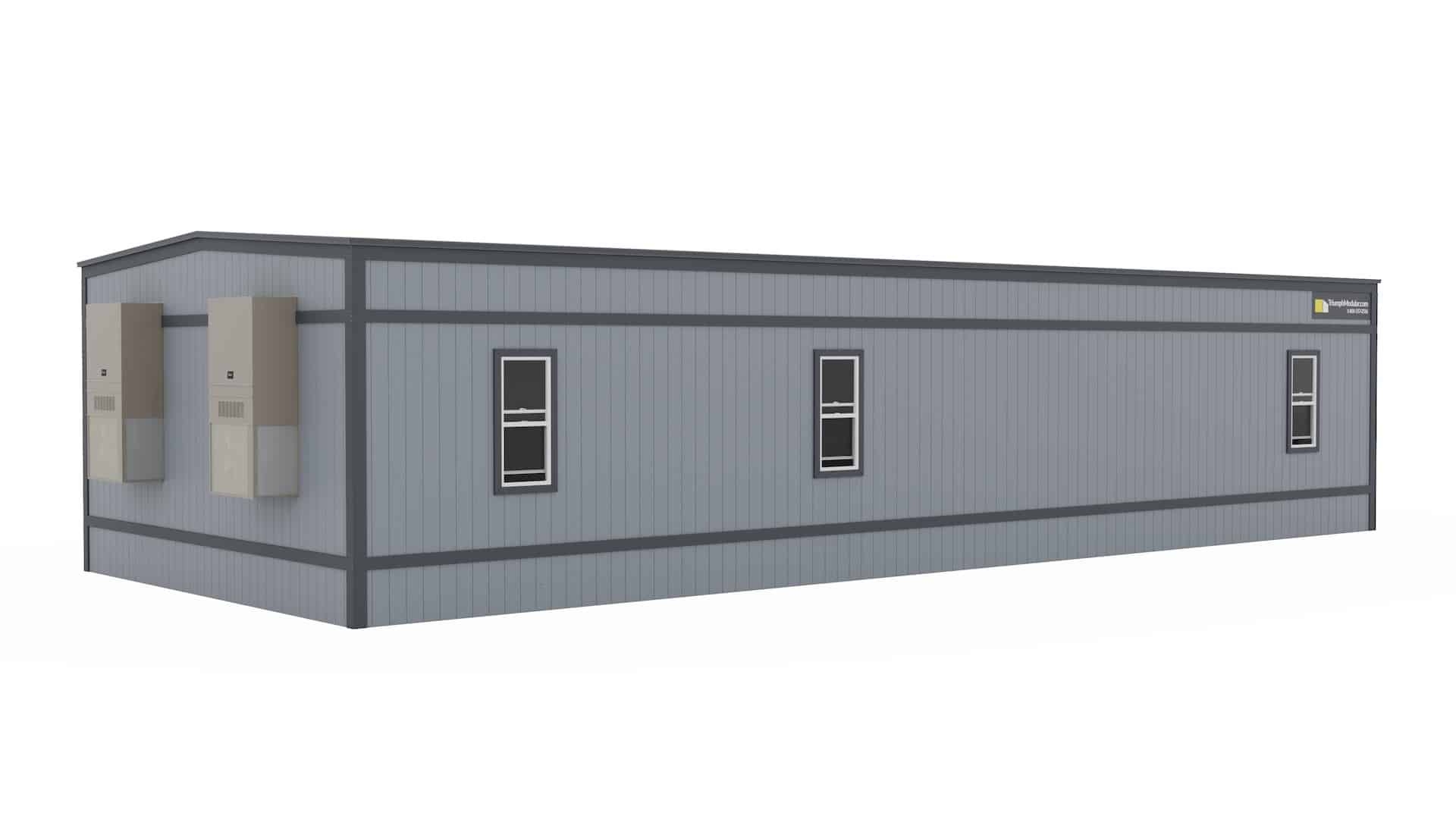 A modern temporary modular building featuring a sleek gray exterior, designed for flexibility in modular construction applications.