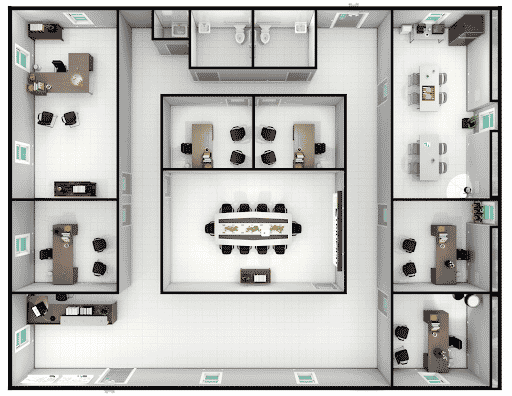 blocs™ clear span temporary modular building floor plan with reception area, six offices, two bathrooms, kitchenette, and conference room.